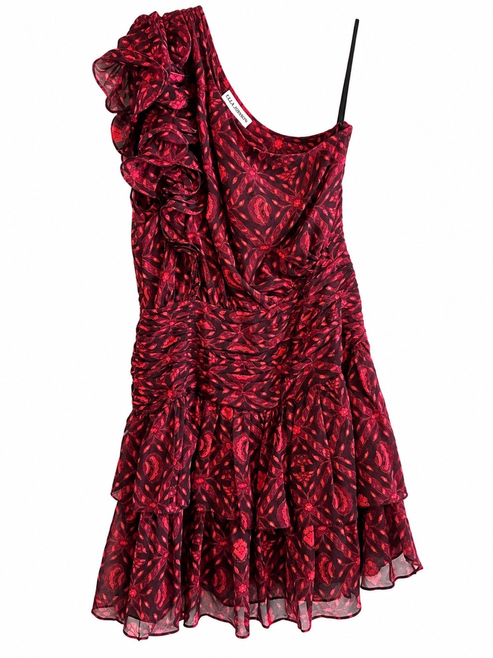 Ulla Johnson One Shoulder Ruffle Mini Dress Red Black Floral
